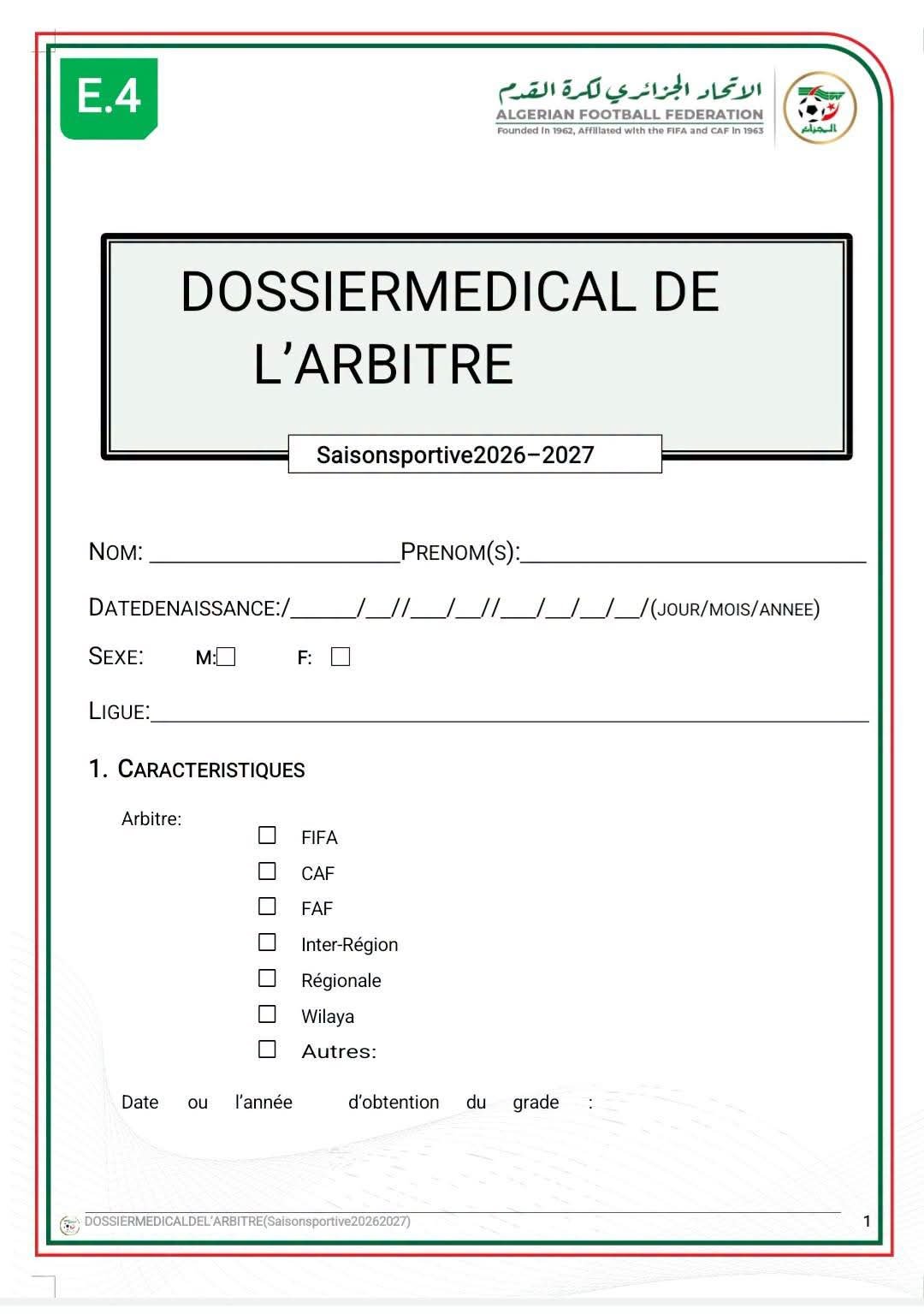 DOSSIER MEDICAL DE L'ARBITRE s 2026-2027